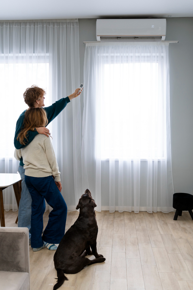 un couple regardant leur climatiseur dans leur maison