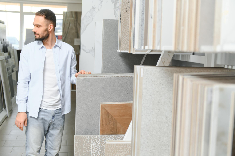 un homme choisissant du carrelage maison