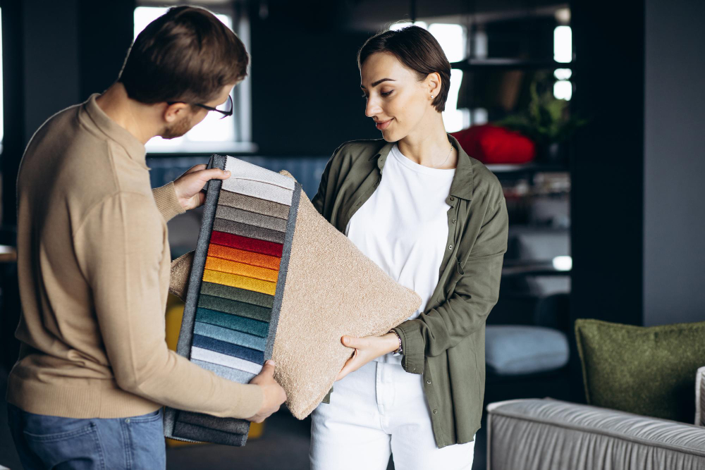 une femme et un homme regardant des tissus de décoration d'intérieur