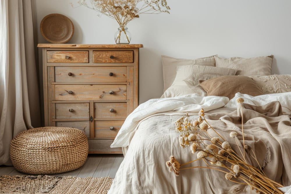 Commode de rangement dans une chambre cosy