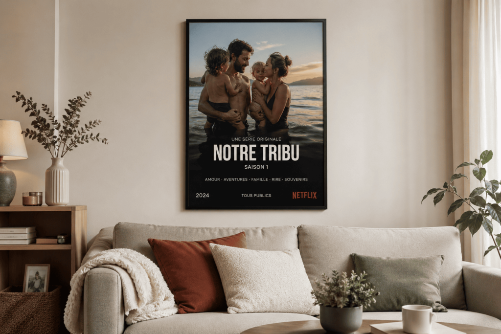 Affiche personnalis&eacute;e style Netflix repr&eacute;sentant une famille accroch&eacute;e au mur d&rsquo;un salon moderne et chaleureux