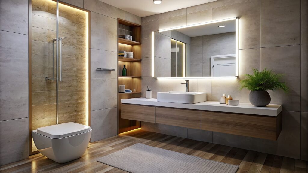 Salle de bain moderne avec tapis absorbant et d&eacute;coration minimaliste