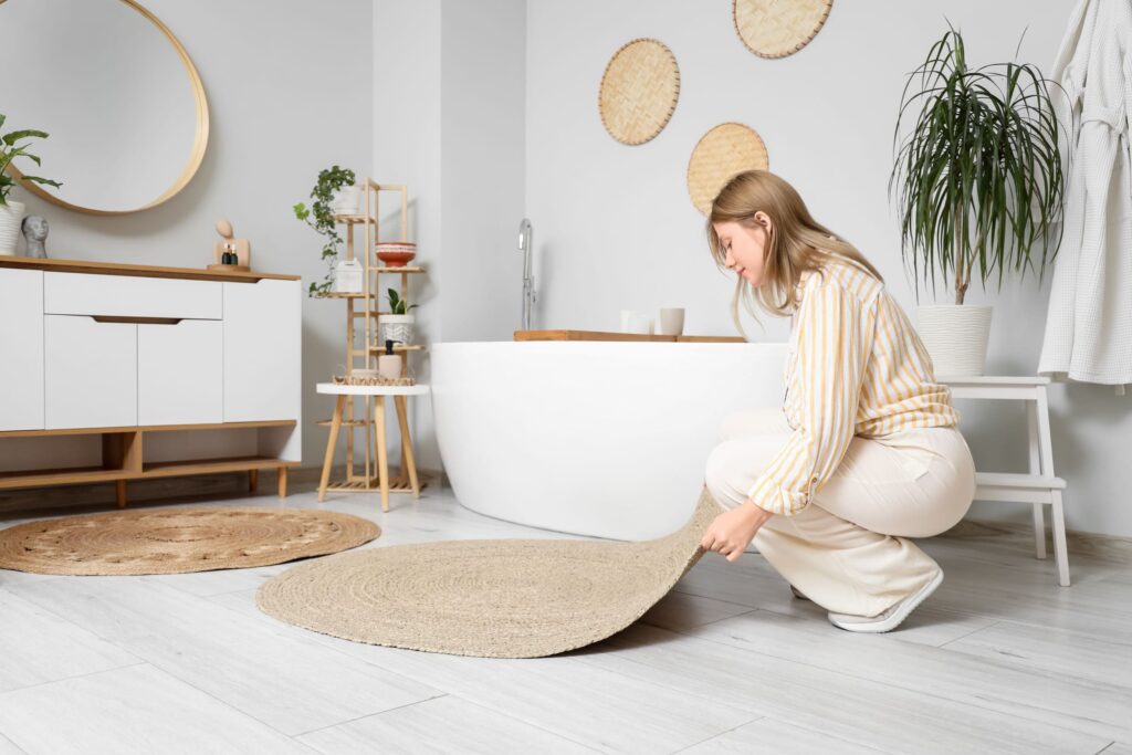 Personne installant un tapis de bain naturel dans une salle de bain