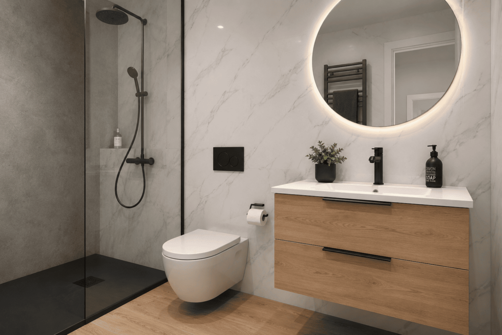Salle de bain contemporaine avec plaque PVC effet marbre et douche &agrave; l&rsquo;italienne