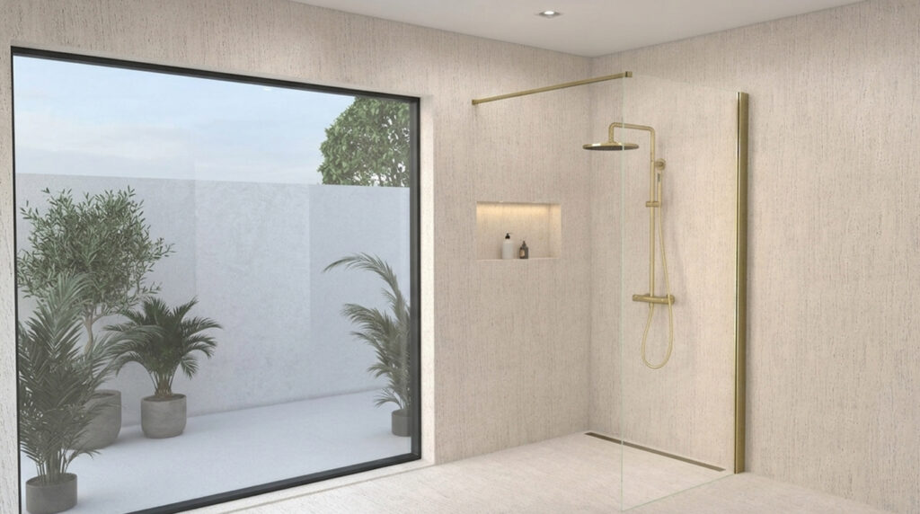 Colonne de douche dor&eacute;e dans une salle de bain