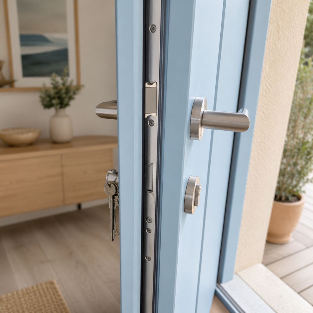 serrure encastr&eacute;e multipoints sur une porte d'entr&eacute;e